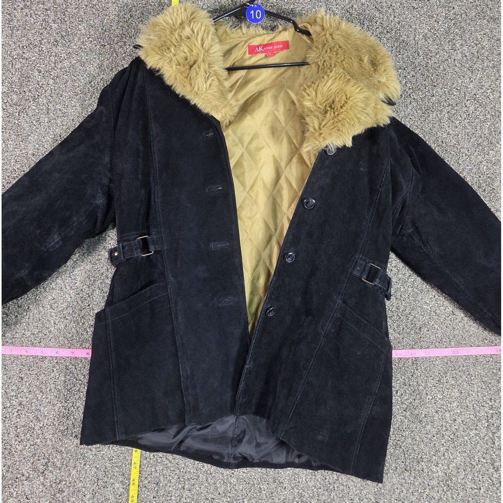 Anne Klein Suede Jacket Women Medium Black Authentic Leather Faux Fur Trim Coat